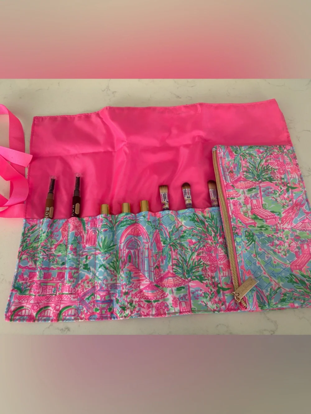 Lilly Pulitzer Pink Multi Printed Cosmetic Roll with Ribbon - Picture 3 of 5